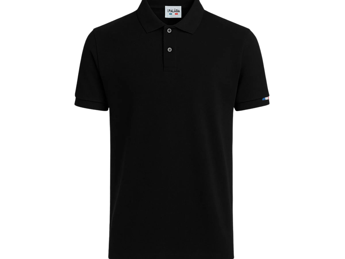 polo homme noir vue de face avec deux boutons et bords cote au manche