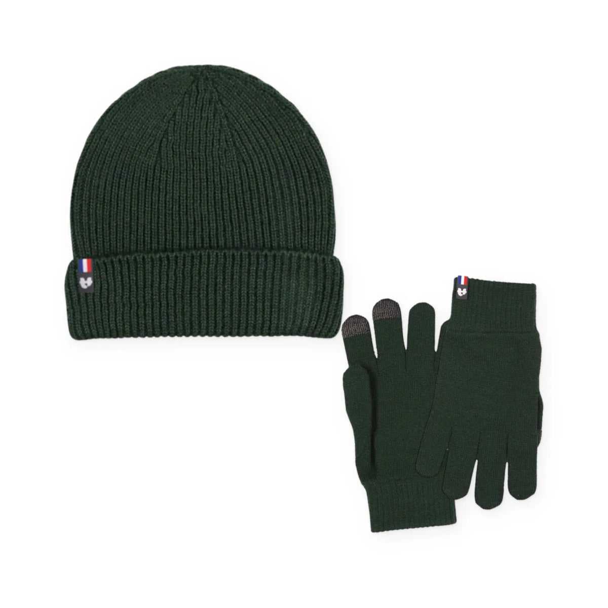 Bonnet à revers et gants tactiles en laine mérinos vert kaki, duo pour femme tricoté en France