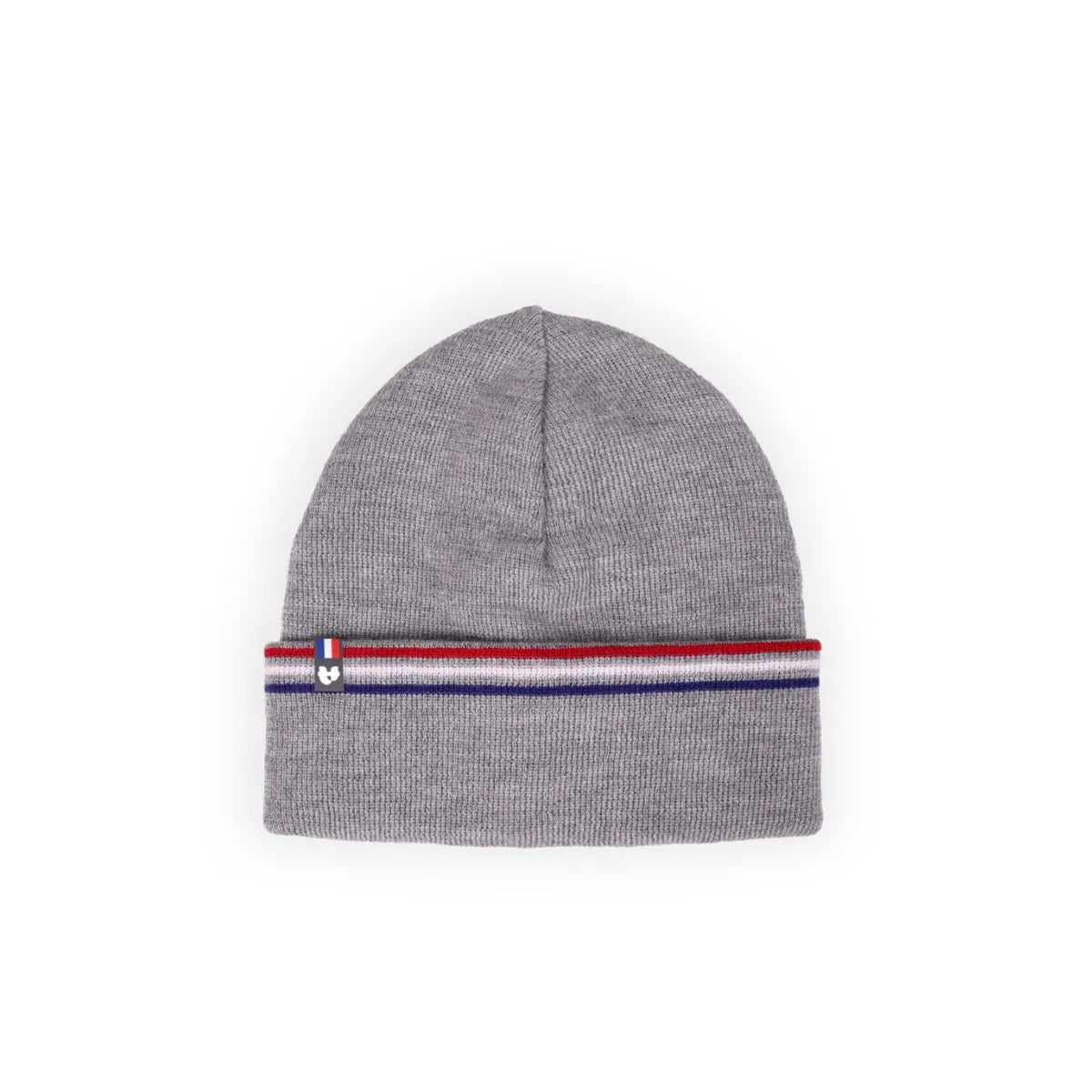 Bonnet femme gris chiné à revers rayé bleu, blanc, rouge et étiquette tricolore, posé à plat