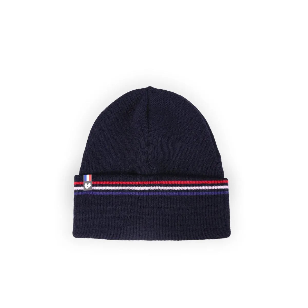 Bonnet homme bleu marine à revers rayé bleu, blanc, rouge et étiquette tricolore, posé à plat