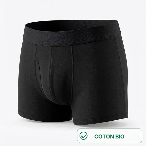 Boxer homme noir en coton bio, vue de trois quarts