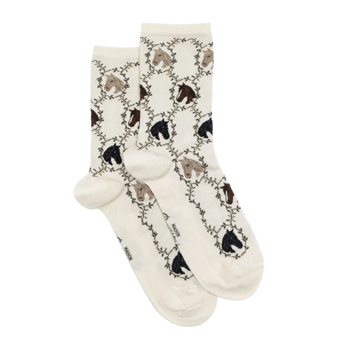 Paire de chaussettes écru à têtes de chevaux et feuillages