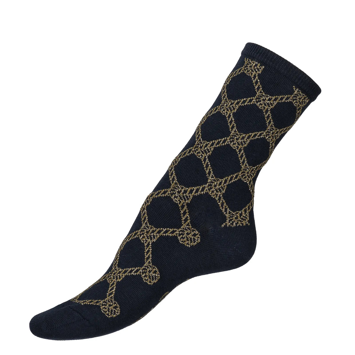 Chaussette femme Les Cordages bleu marine à cordages dorés, vue de profil