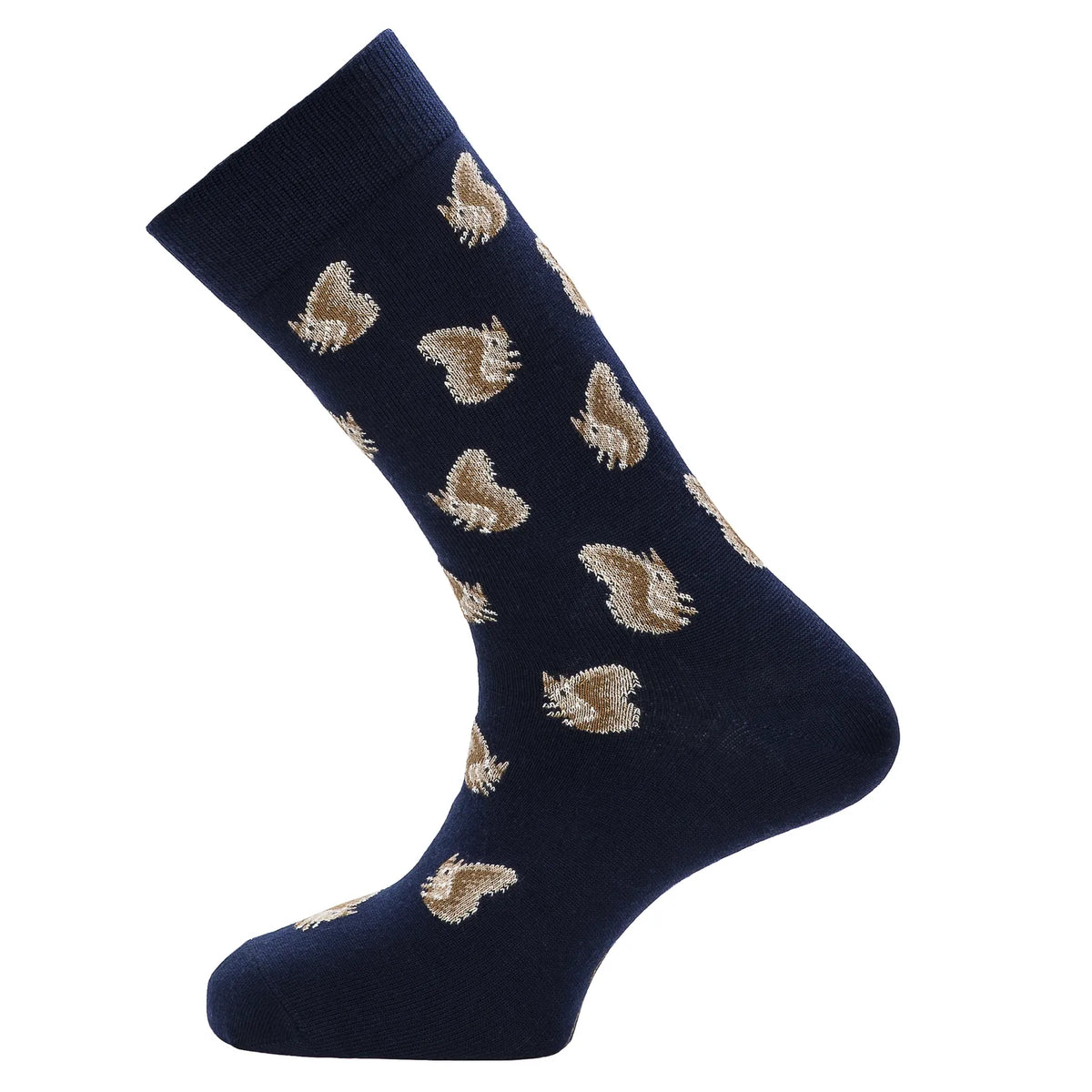 Chaussette homme en laine mérinos bleu marine à motif d'écureuils, vue de profil