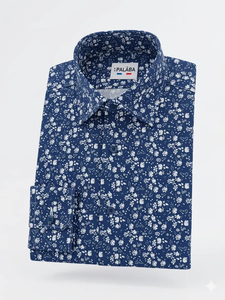 chemise à fleurs homme bleu et blanche made in France