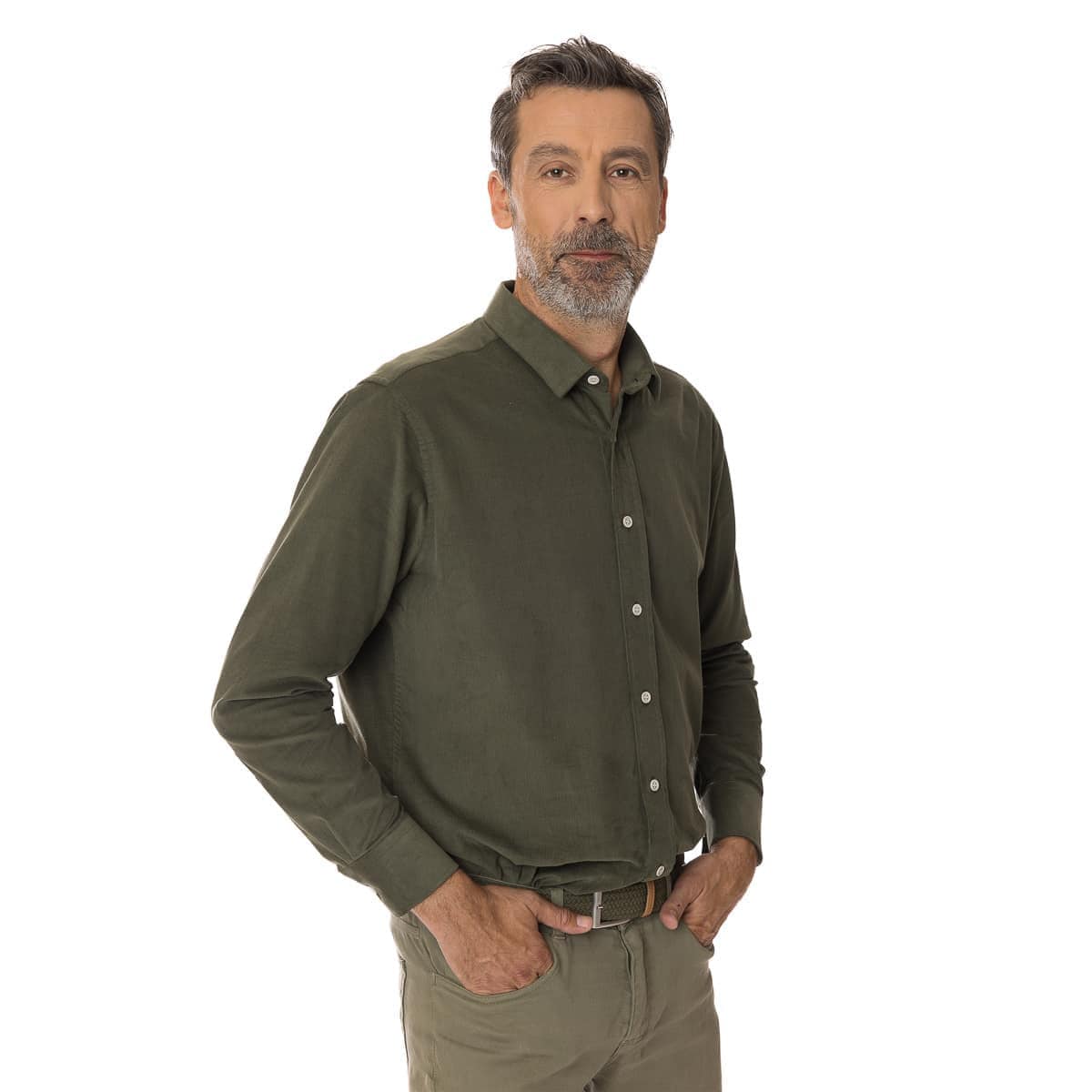 Chemise velours homme Kaki à manche longue