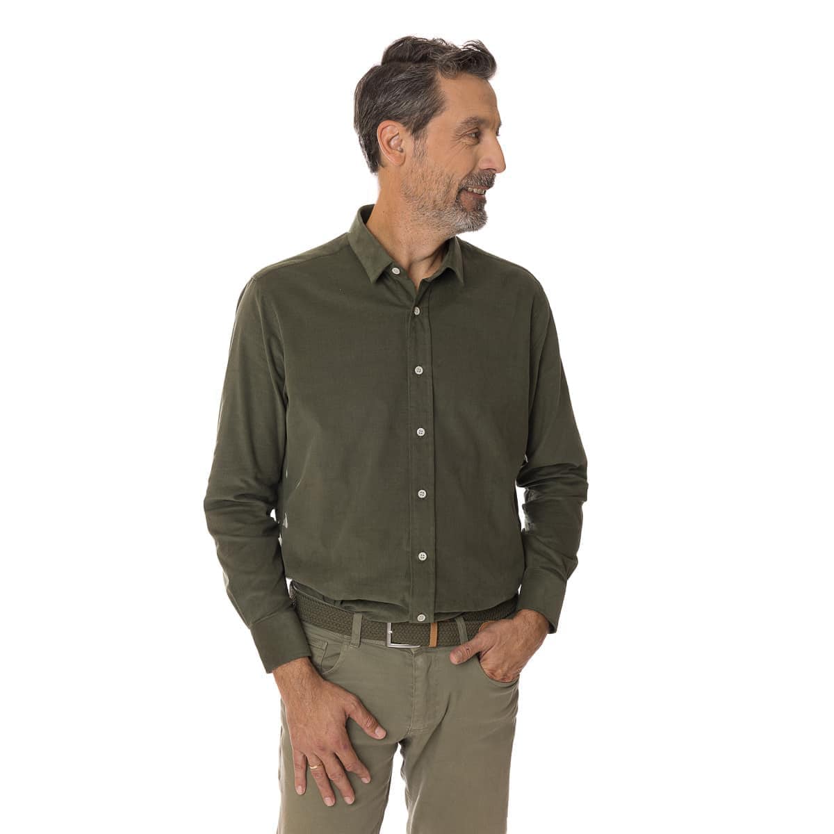 Chemise velours homme Kaki à manche longue
