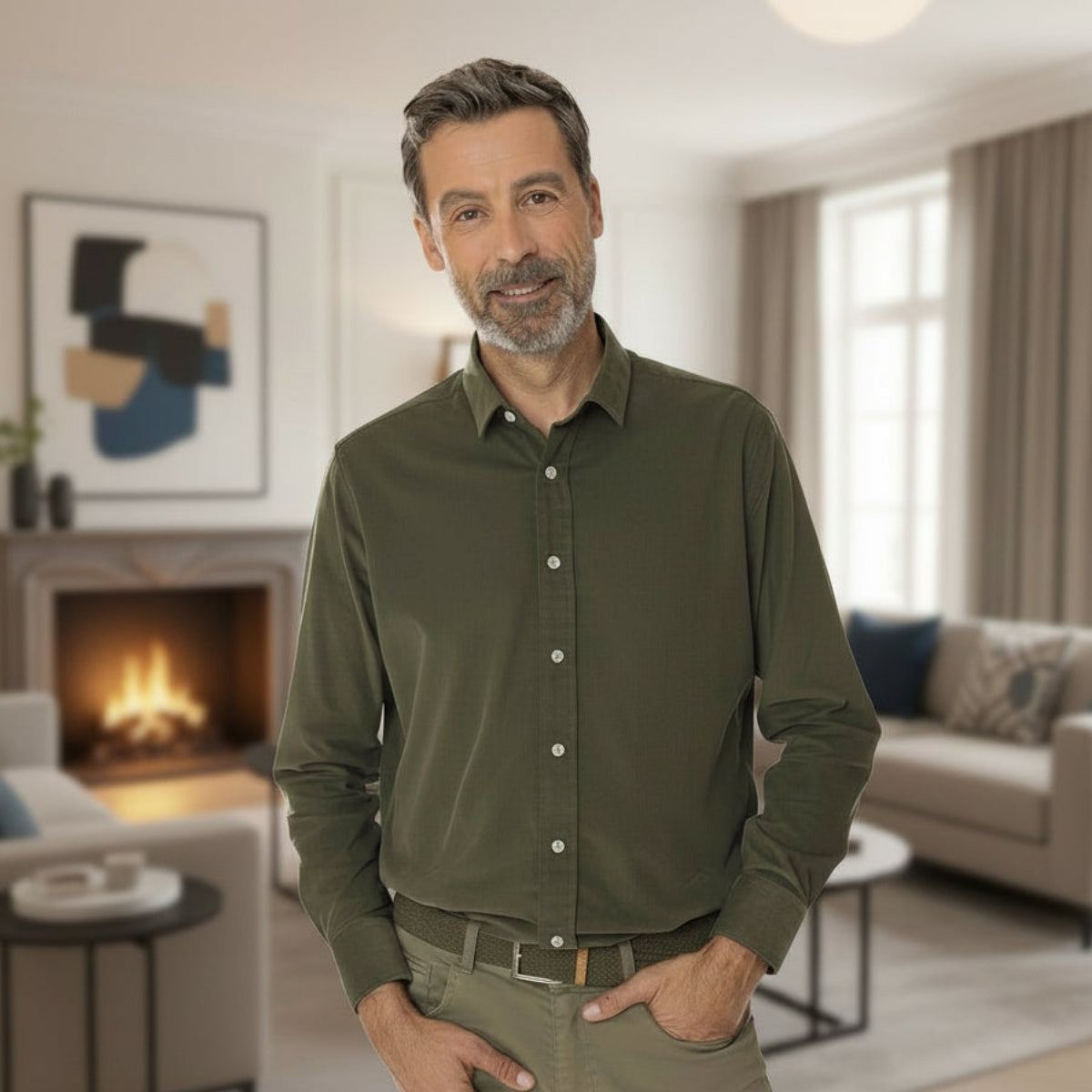 Chemise velours homme Kaki à manche longue