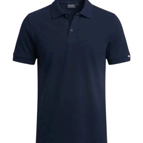 Polo homme bleu marine en coton bio, maille piquée, drapeau tricolore sur la manche