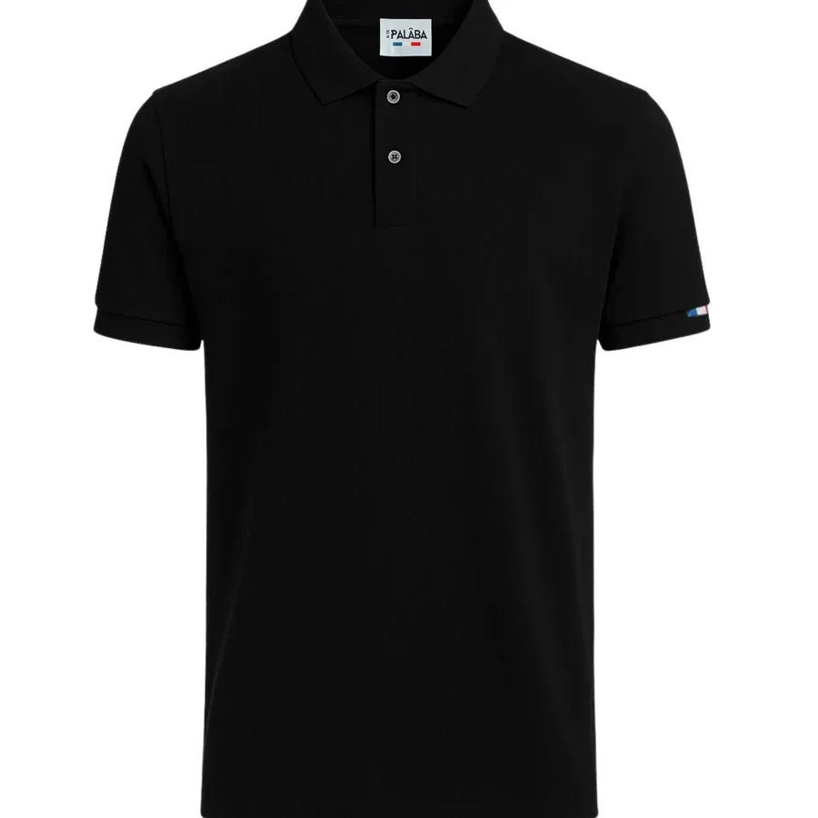 Polo homme noir en coton bio, maille piquée, drapeau tricolore sur la manche