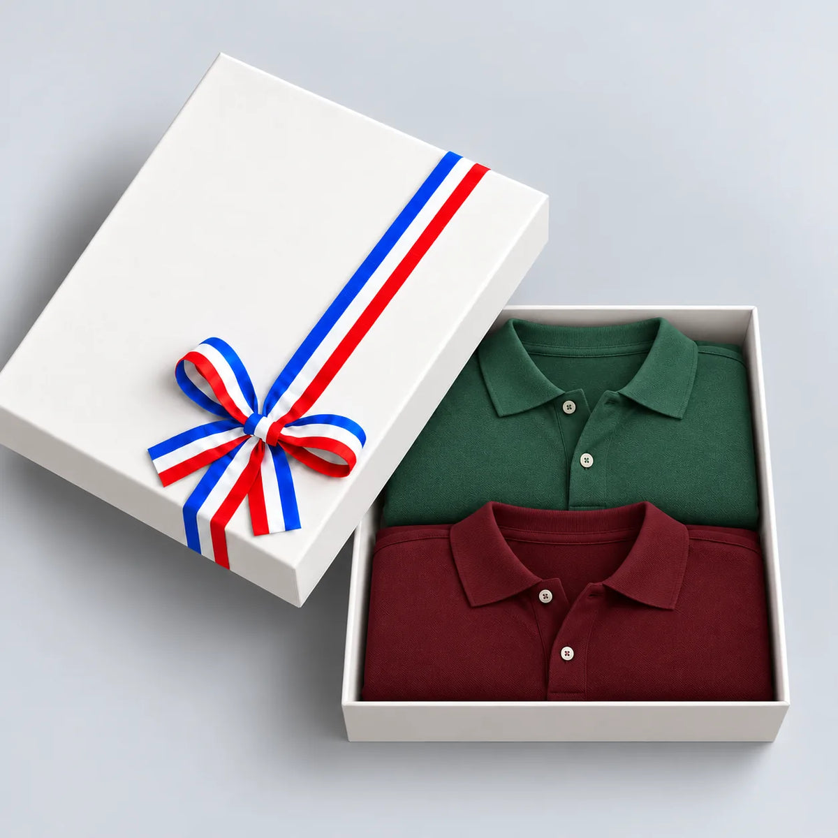 Coffret cadeau ouvert avec 2 polos homme en coton bio, vert et bordeaux, couvercle à ruban tricolore