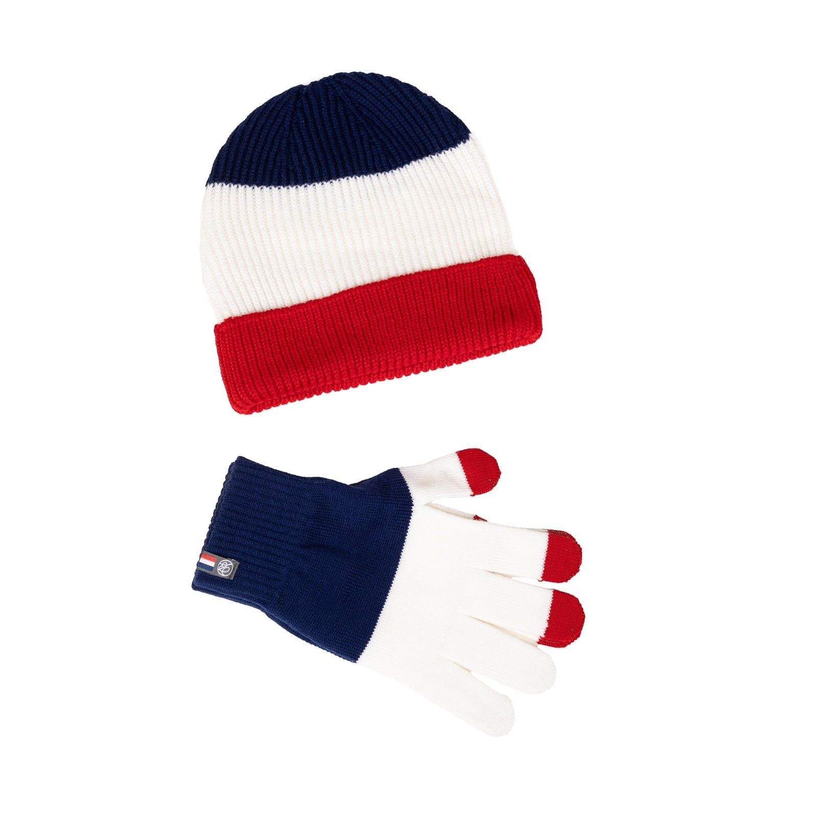 bonnet et gants pour femme en bleu blanc rouge