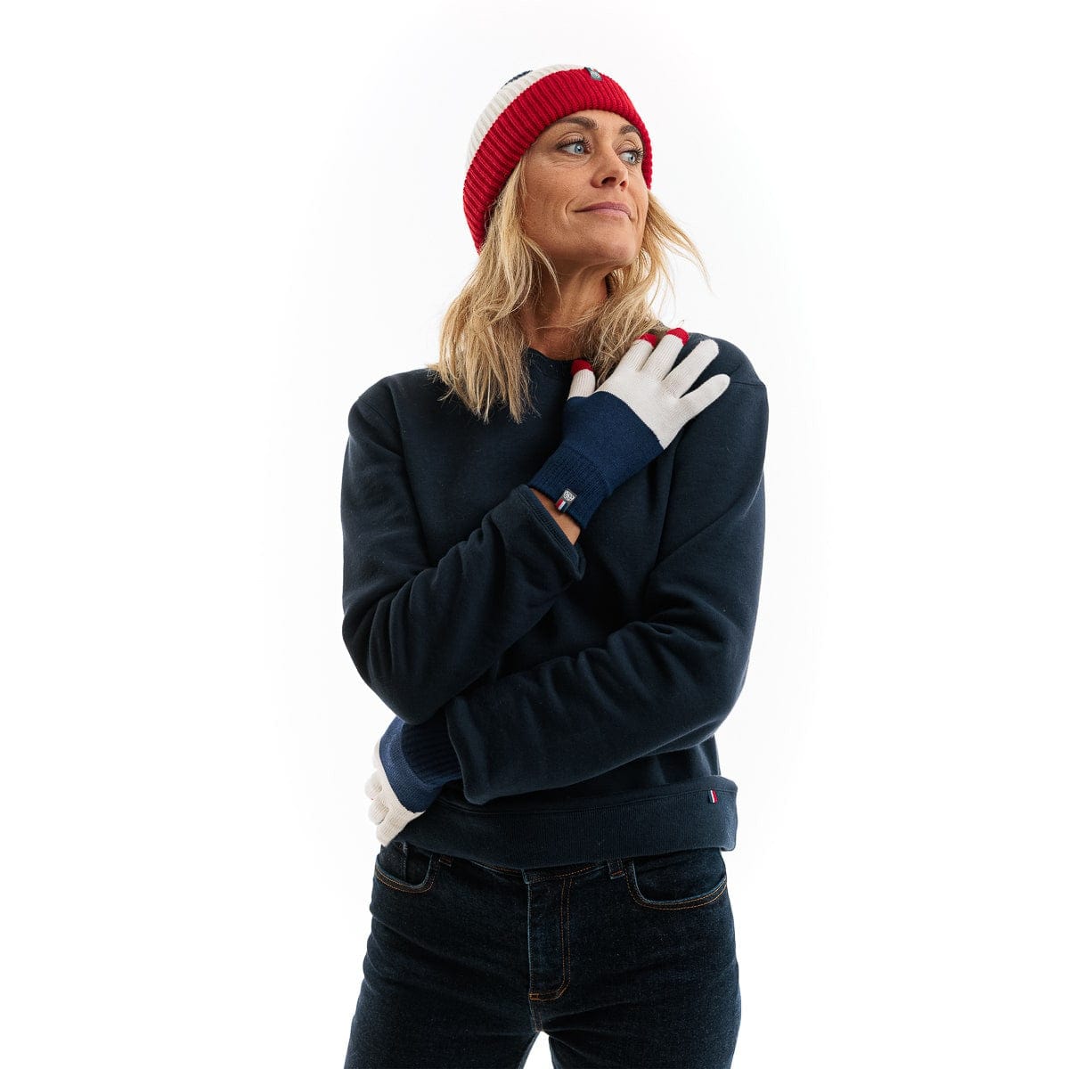bonnet et gants pour femme en bleu blanc rouge