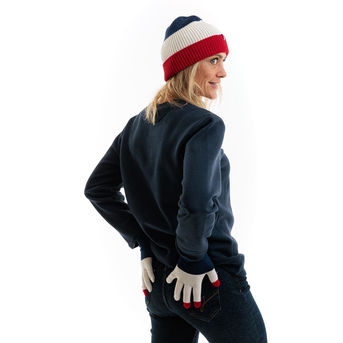 bonnet et gants pour femme en bleu blanc rouge
