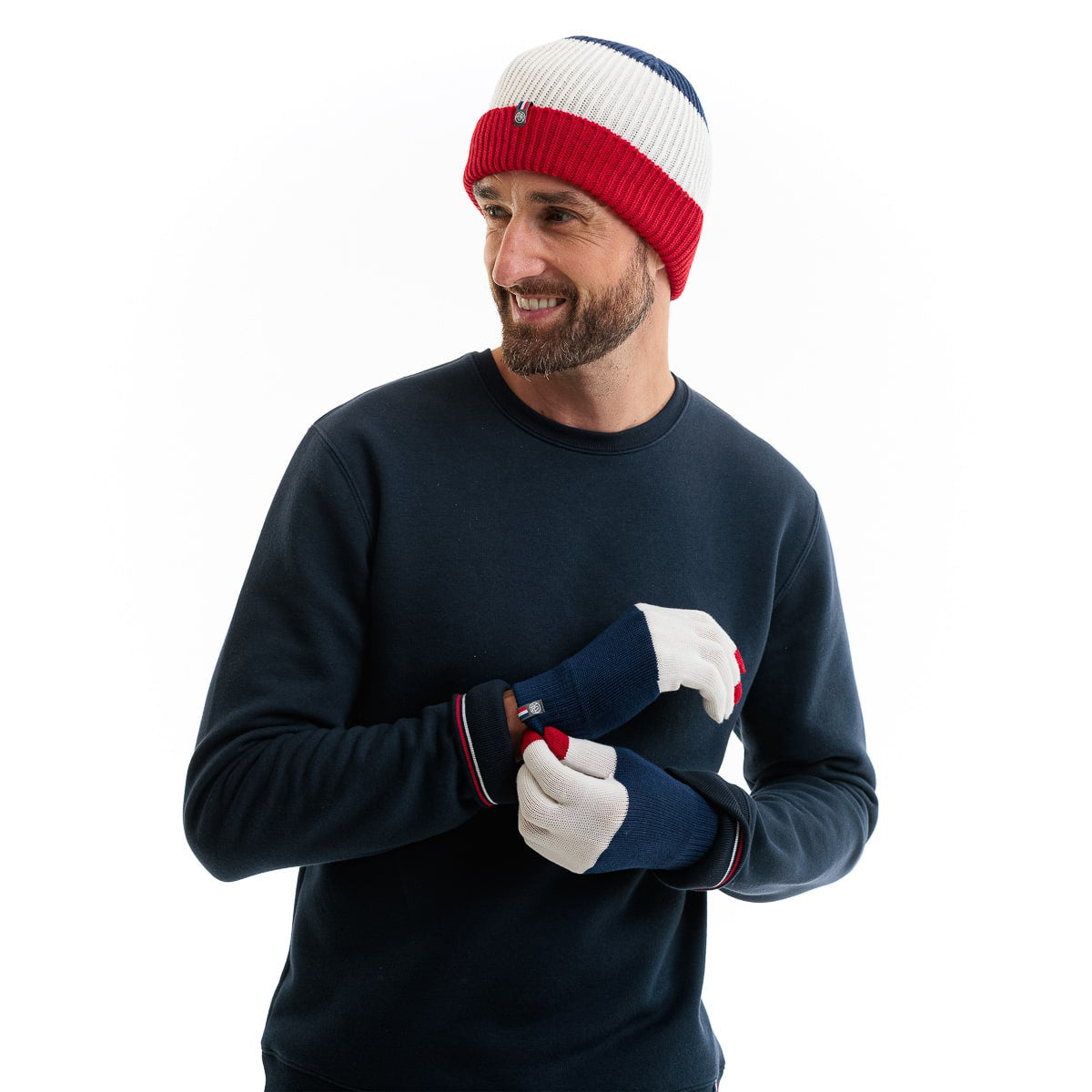 gants et bonnet homme bleu blanc rouge