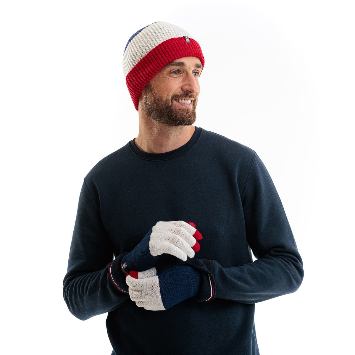 gants et bonnet homme bleu blanc rouge