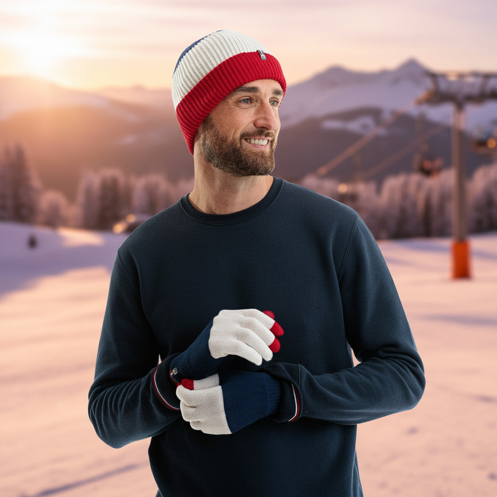 gants et bonnet homme bleu blanc rouge