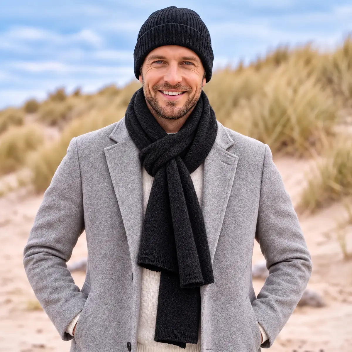 Homme souriant portant l'écharpe en cachemire noire nouée sur un manteau gris, avec un bonnet noir, dans les dunes