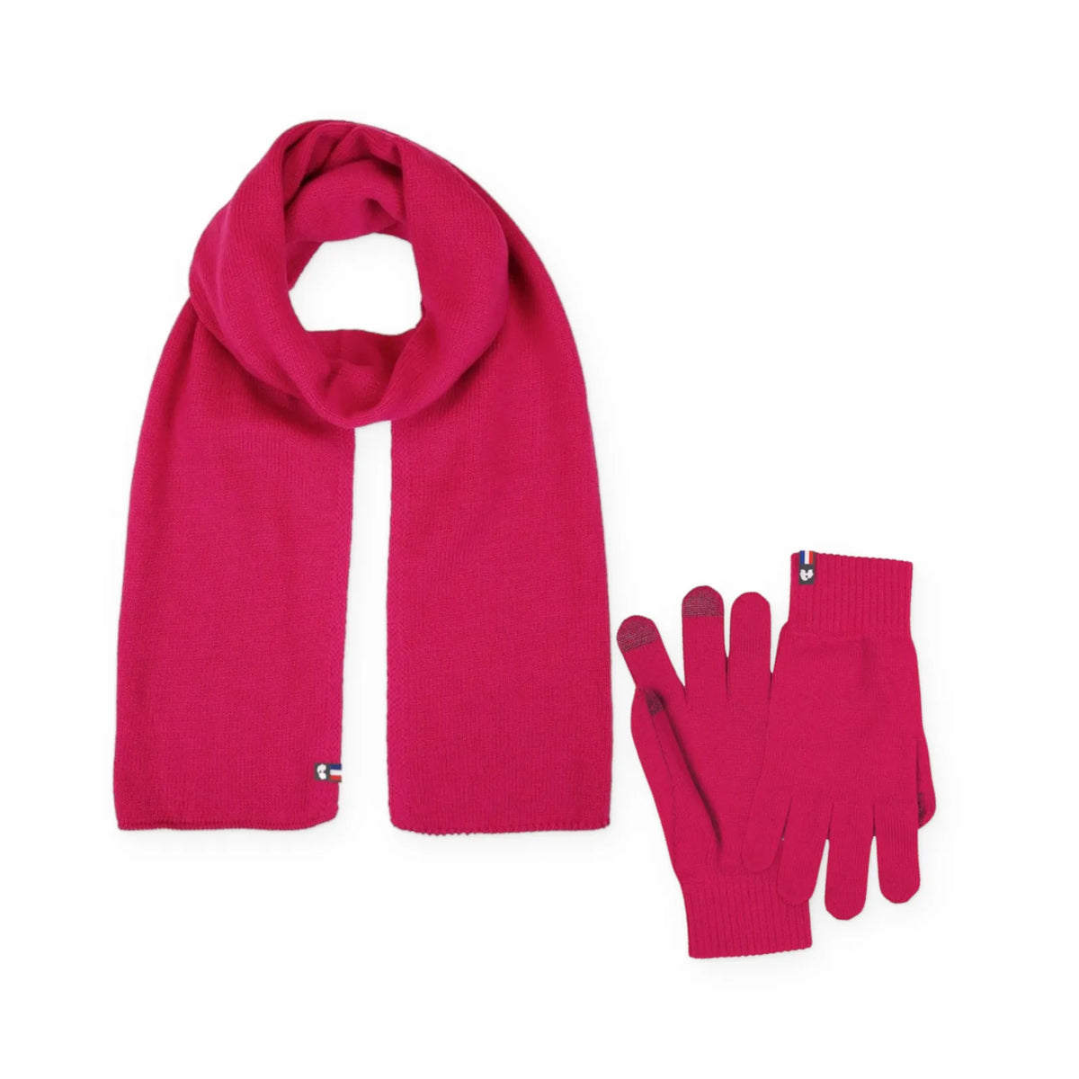 Duo femme en laine mérinos fuchsia : écharpe et gants tactiles assortis, fabriqués en Haute-Loire