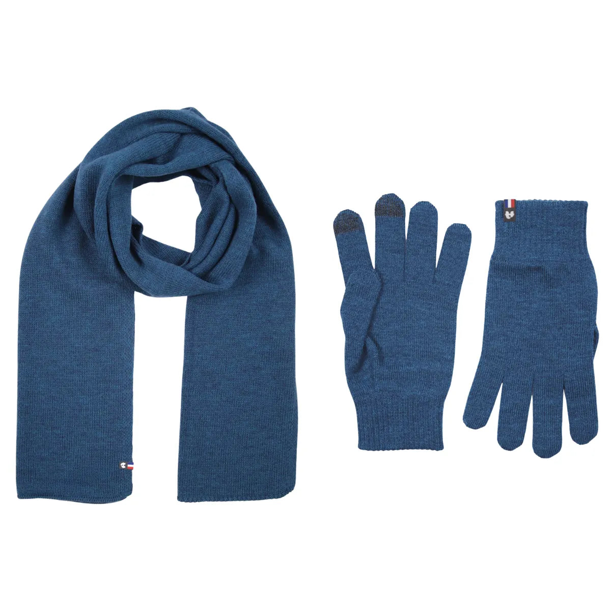 Duo homme en laine mérinos bleu paon : écharpe et gants tactiles assortis, tricotés en Haute-Loire