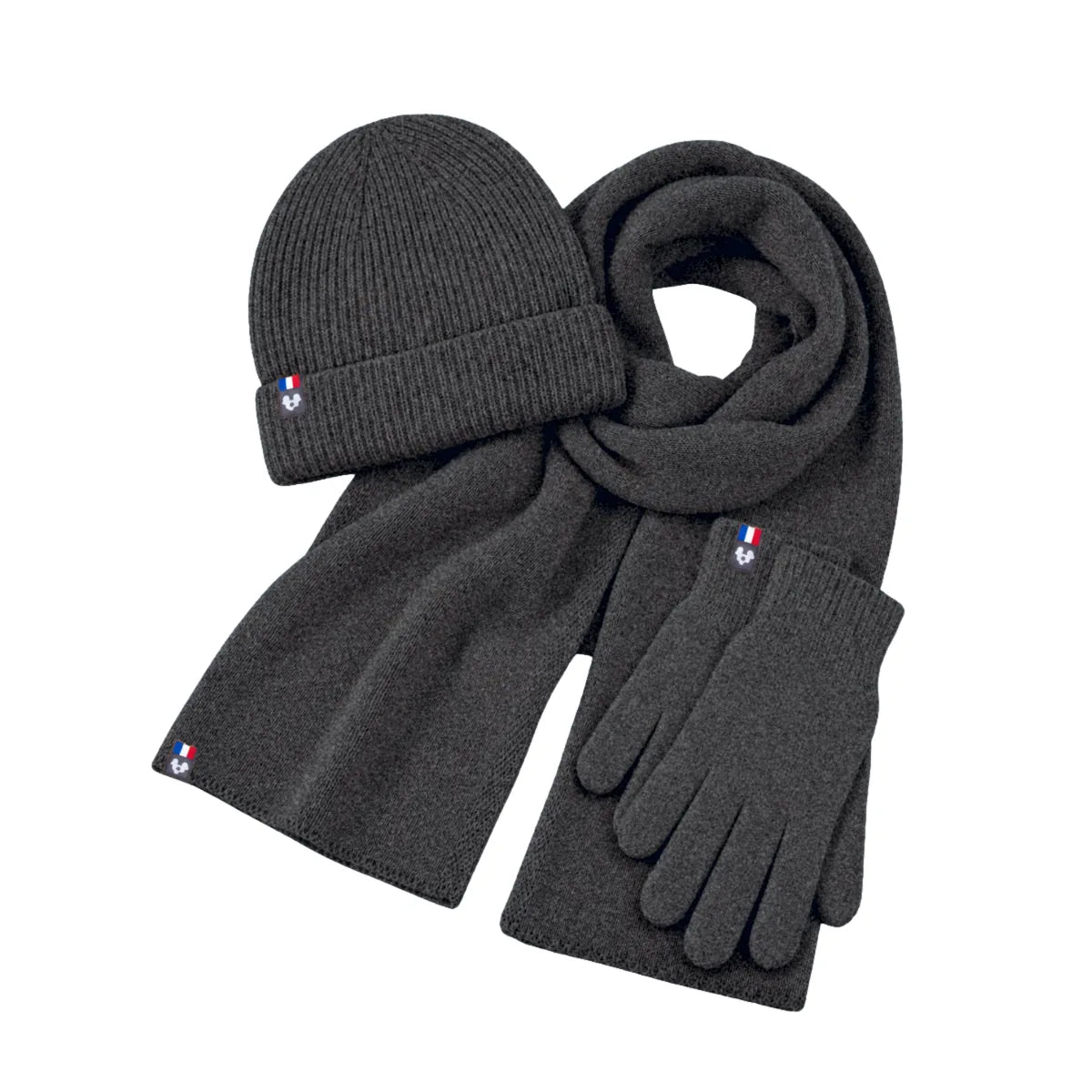 Écharpe, bonnet à revers et gants tactiles anthracite en laine mérinos, ensemble homme fini à la main en Haute-Loire