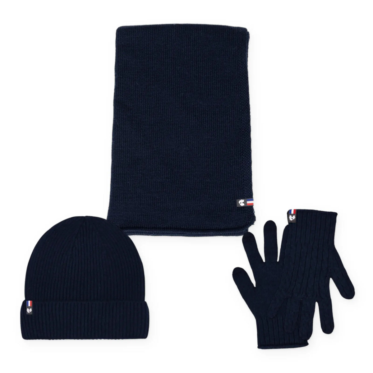 Écharpe pliée, bonnet côtelé et gants tactiles en laine mérinos bleu marine, ensemble pour homme fabriqué en France