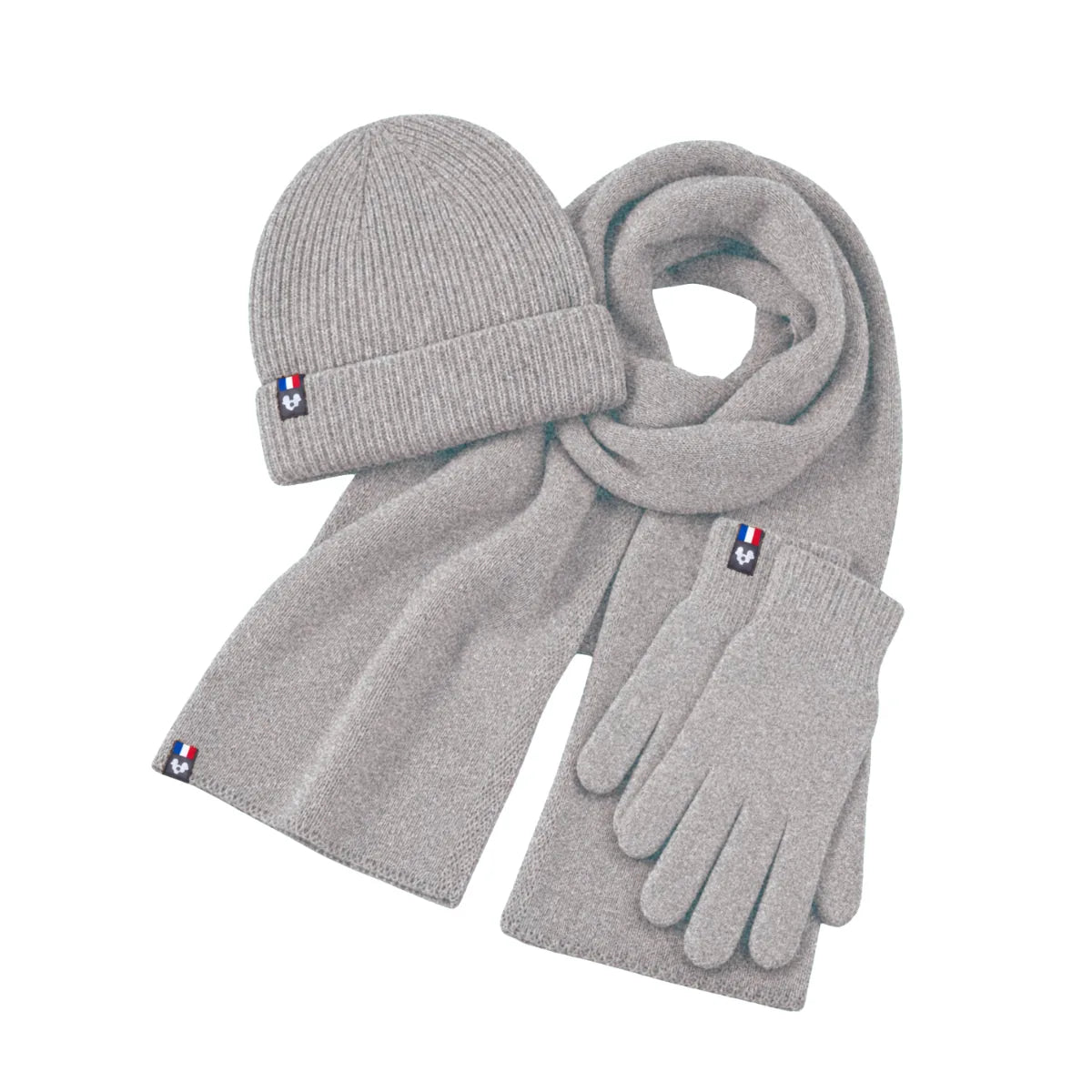 Bonnet, écharpe et gants tactiles homme en laine mérinos gris clair, trois pièces assorties faites en France