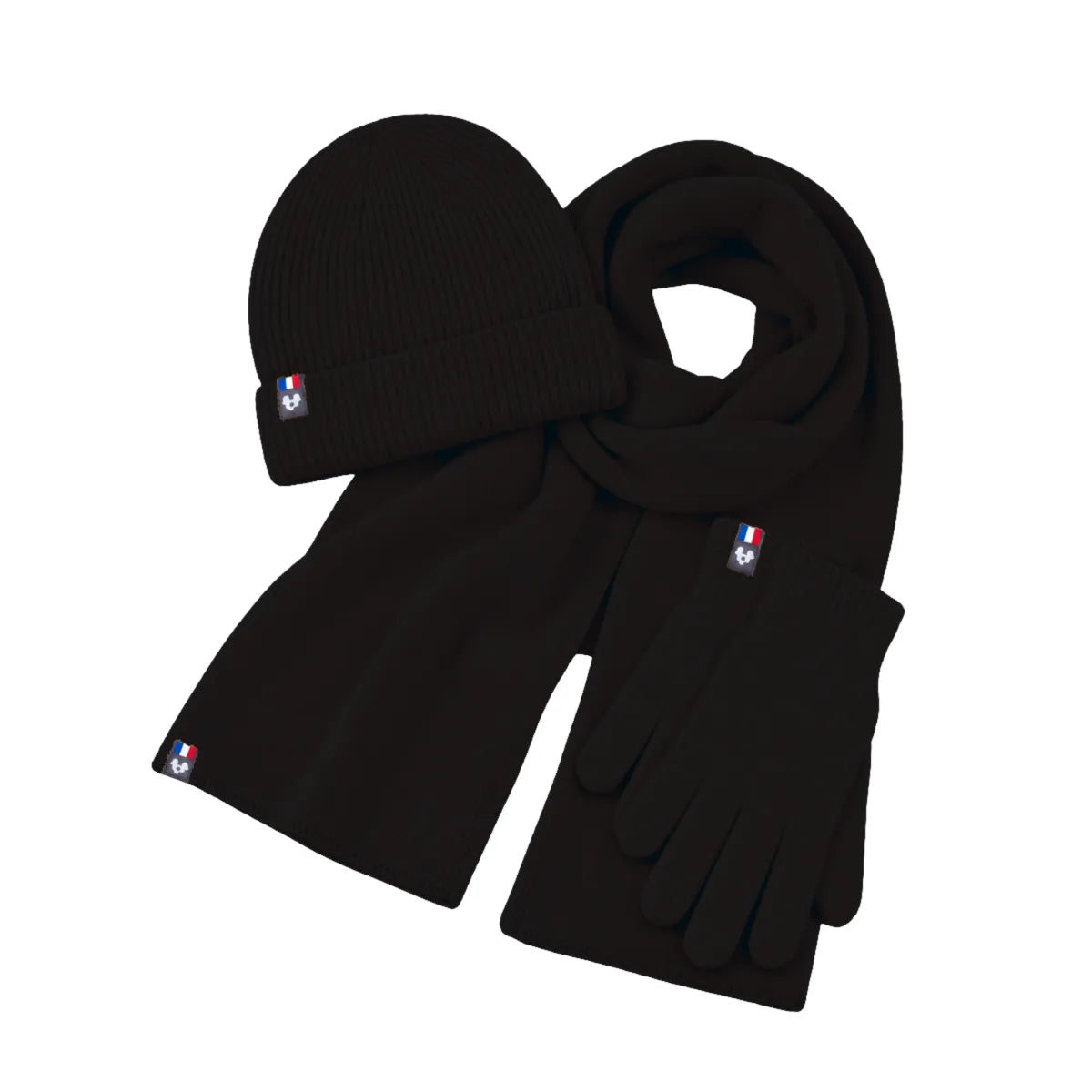 Ensemble homme en laine mérinos noir : bonnet à revers, écharpe et gants tactiles fabriqués en Haute-Loire