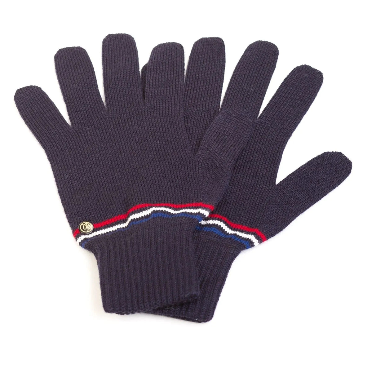 Paire de gants d'hiver homme bleu marine, poignet côtelé à liseré bleu, blanc, rouge, posée à plat