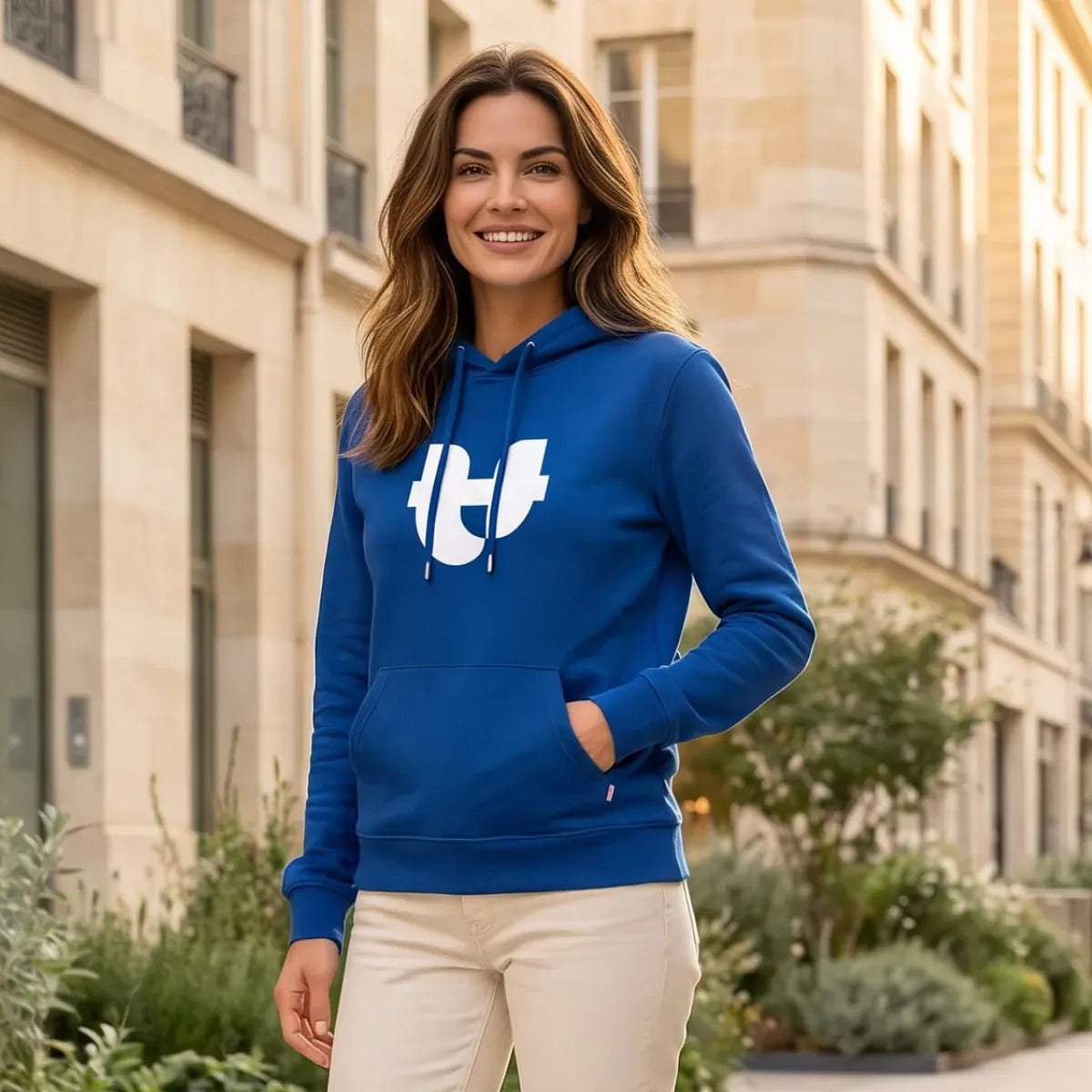 Femme portant le hoodie bleu électrique à motif blanc imprimé avec un pantalon écru, dans une rue en pierre de taille