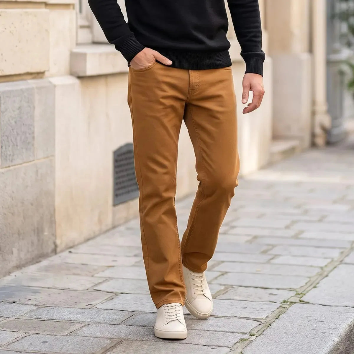 Jean marron homme coupe droite porté de face avec un pull noir et des baskets blanches