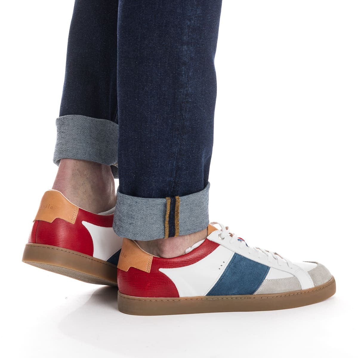 Basket blanche homme en cuir bleu blanc et rouge