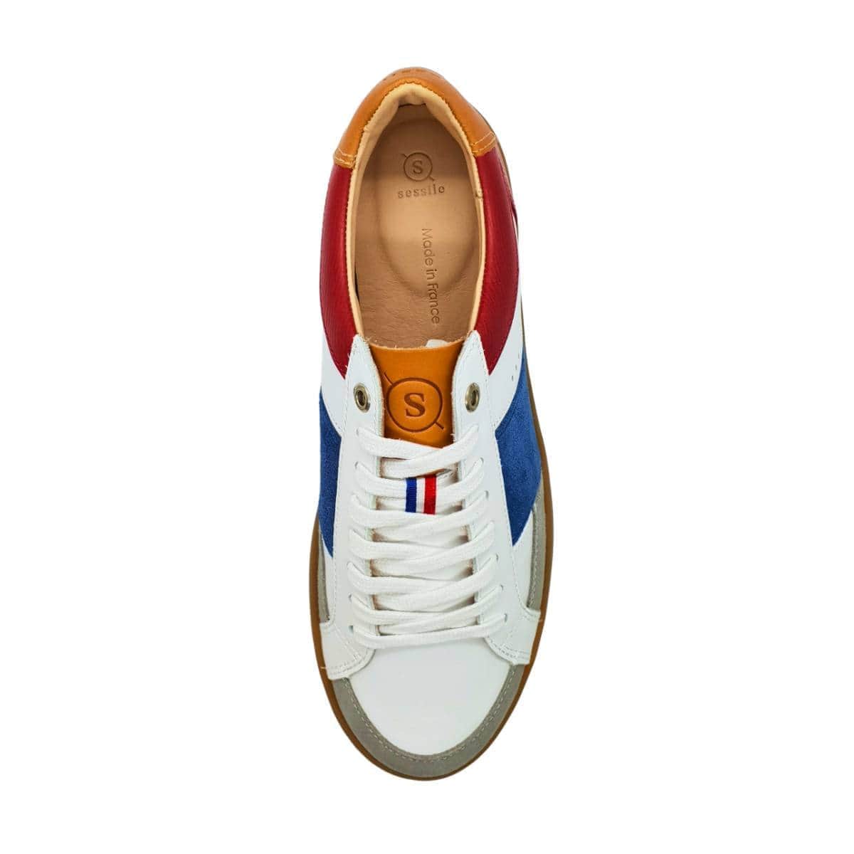 Basket blanche homme en cuir bleu blanc et rouge