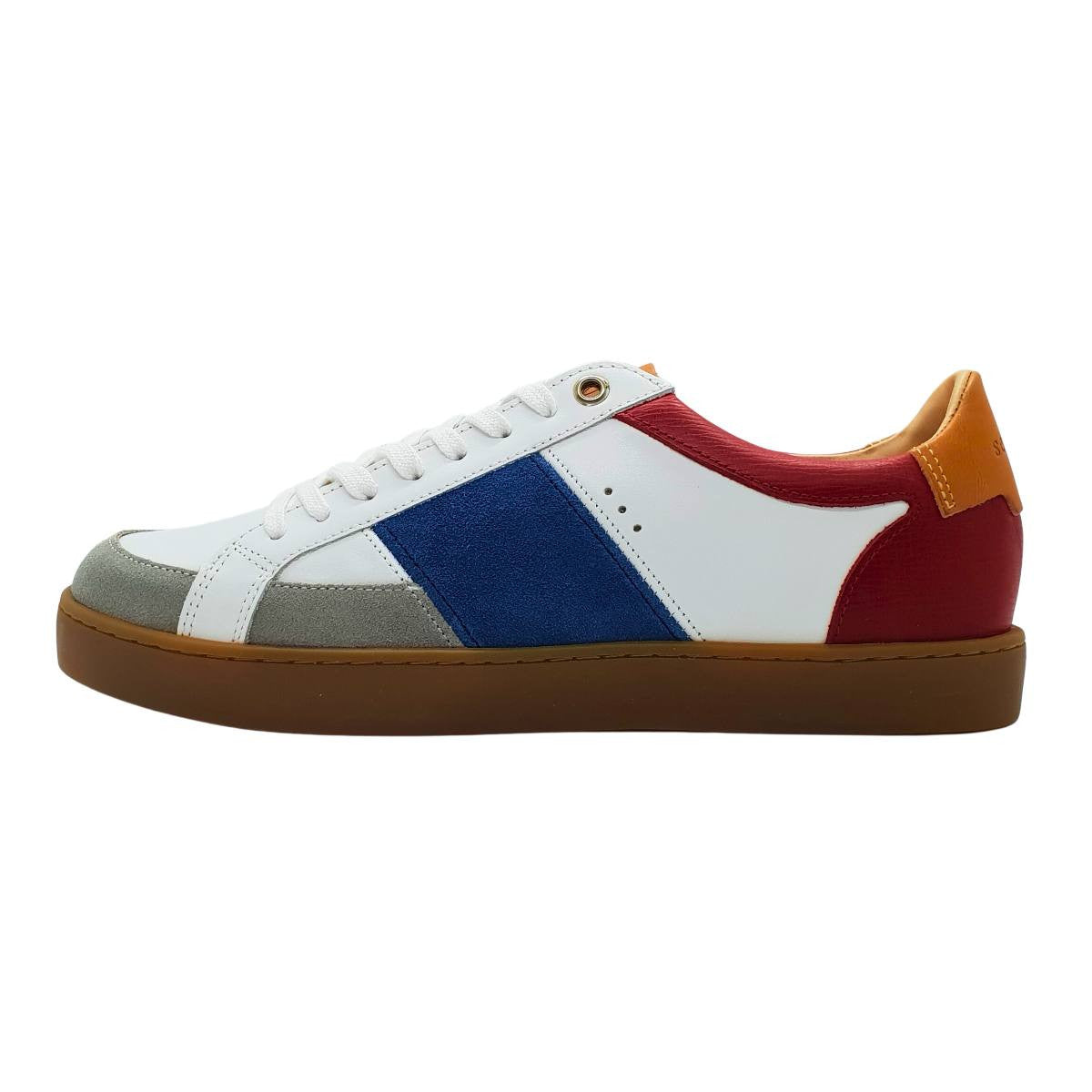 Basket blanche homme en cuir bleu blanc et rouge