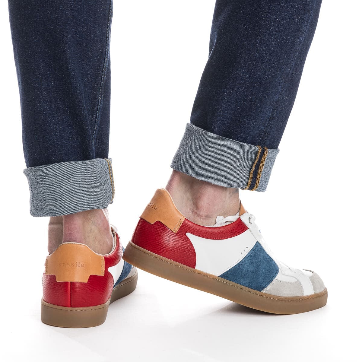 Basket blanche homme en cuir bleu blanc et rouge