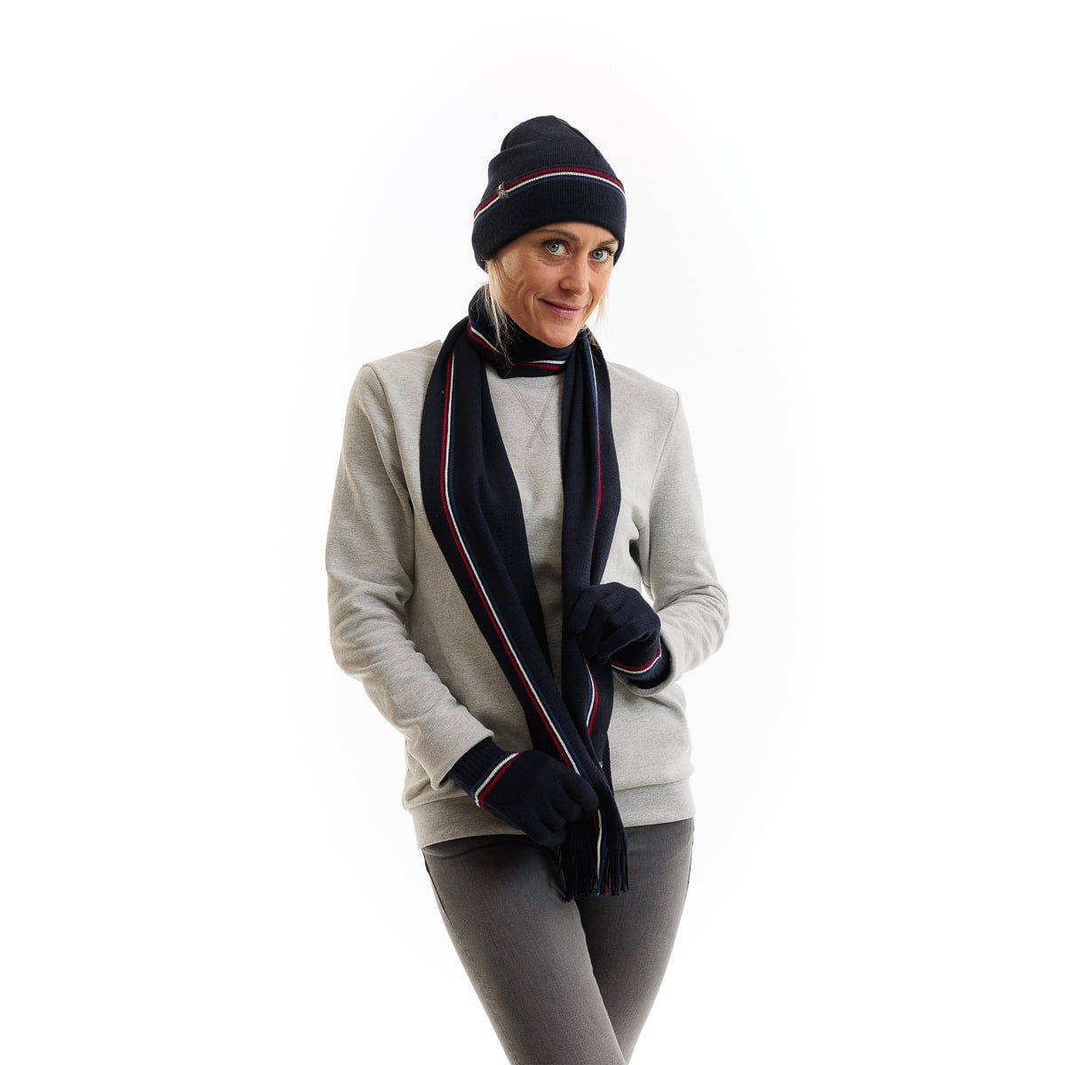 bonnet femme en laine bleu marine et gris