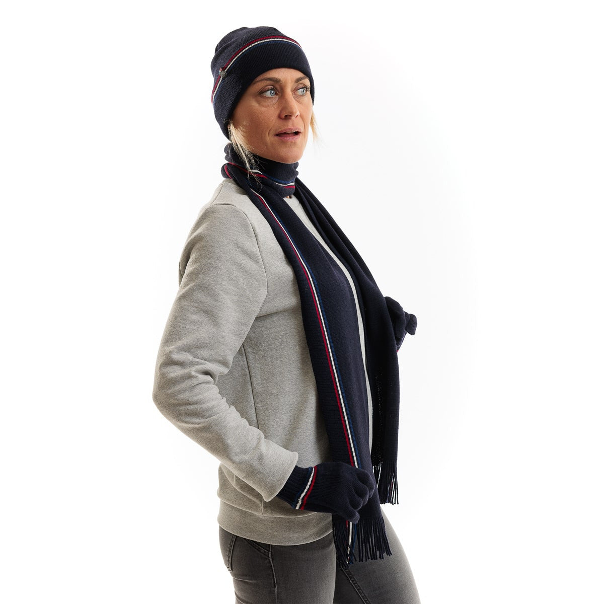 bonnet femme en laine bleu marine et gris