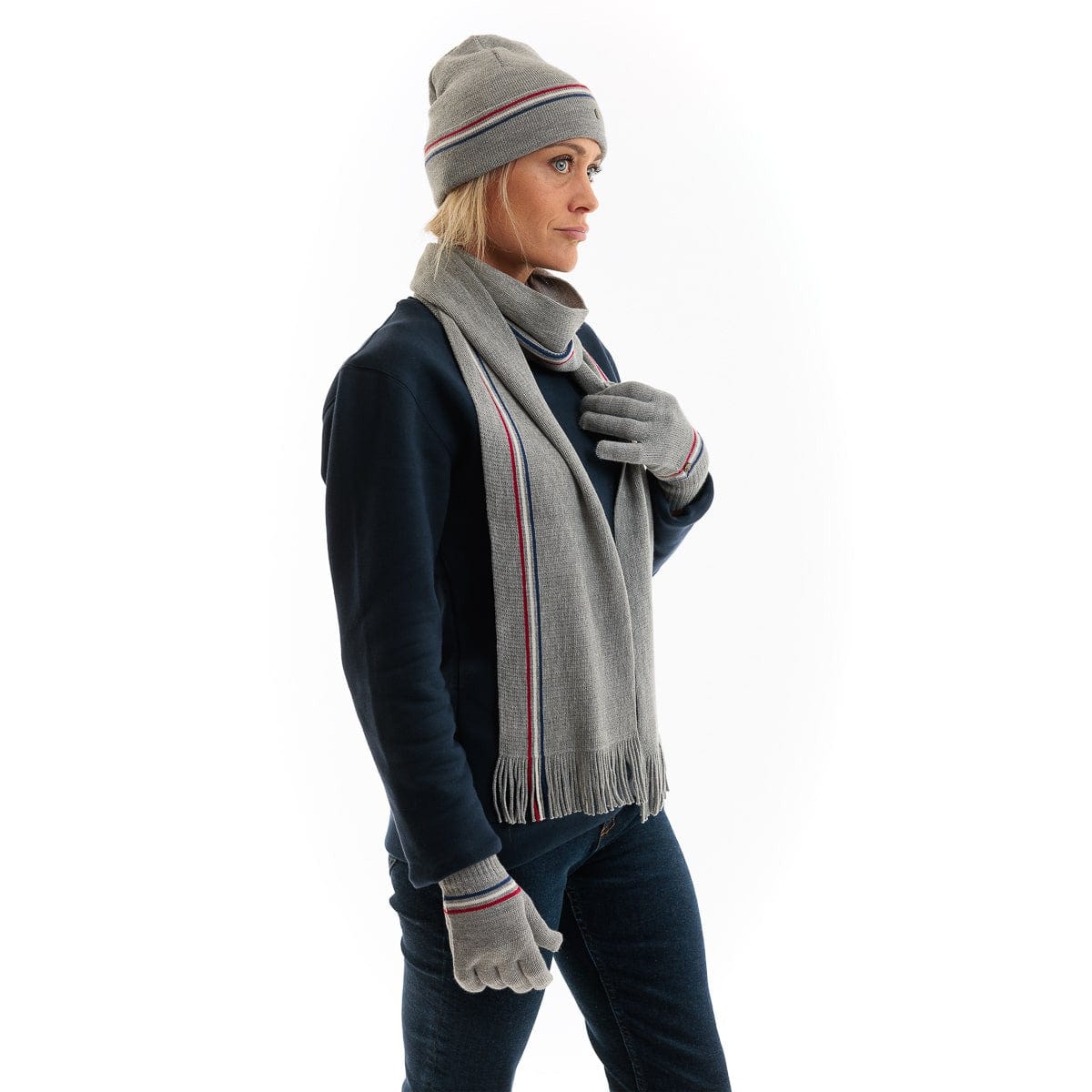 bonnet femme en laine bleu marine et gris