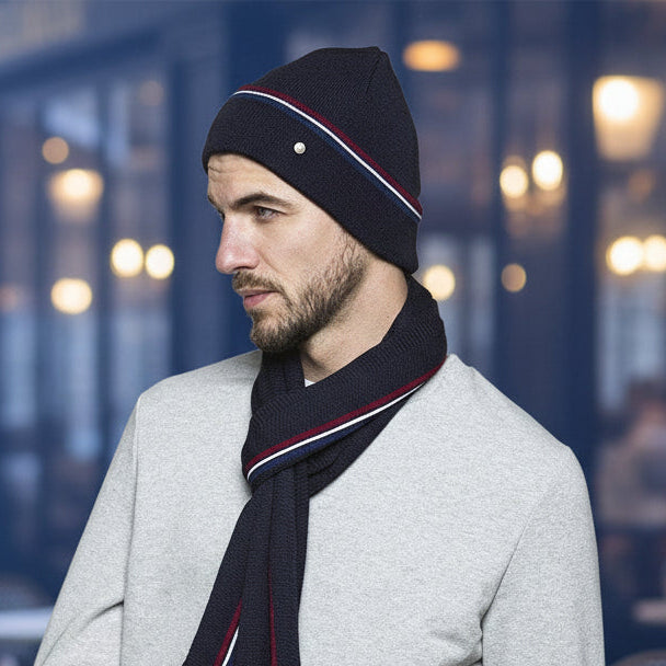 bonnet pour homme en laine bleu et gris