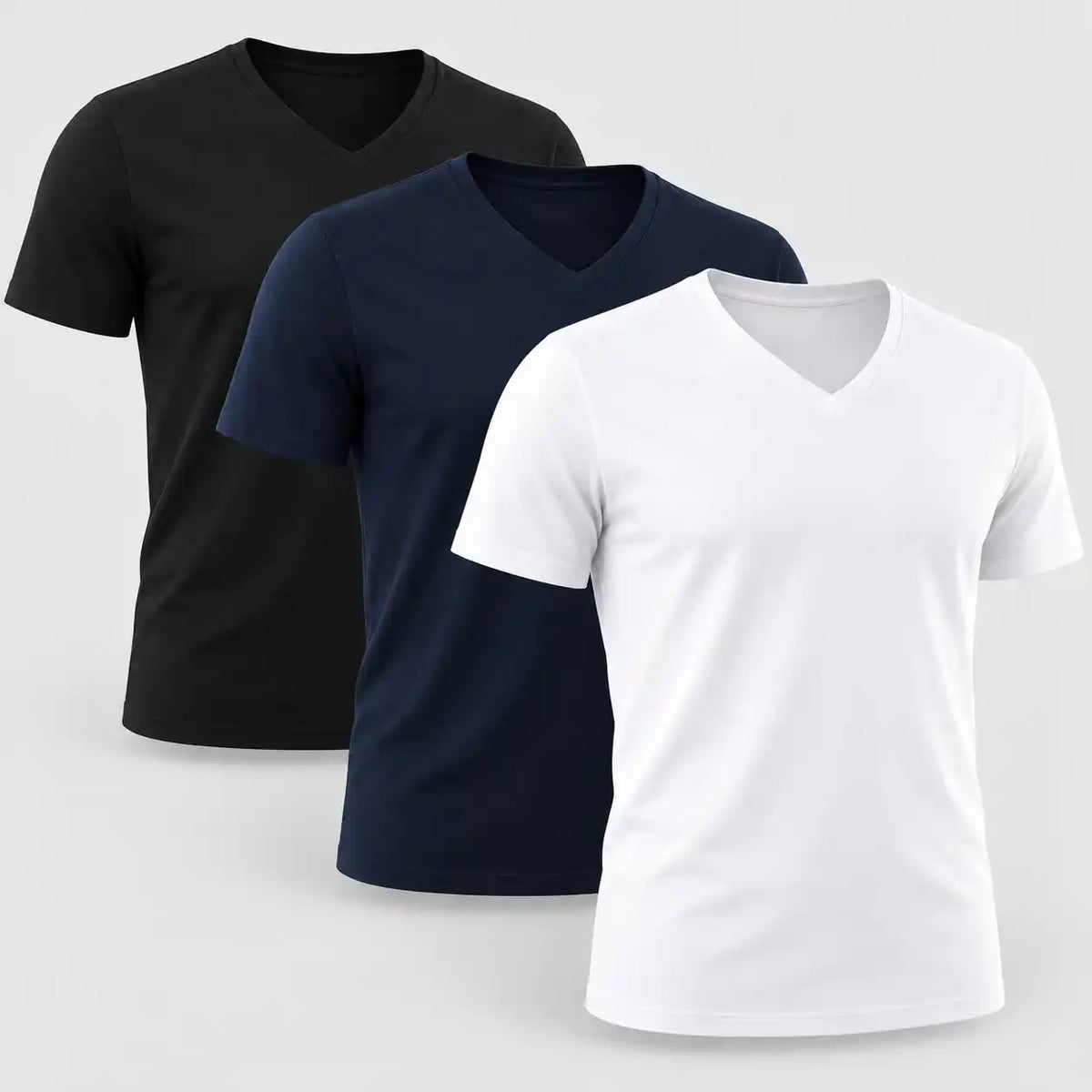 Lot de 3 t-shirts col V homme en coton biologique : noir, bleu marine et blanc