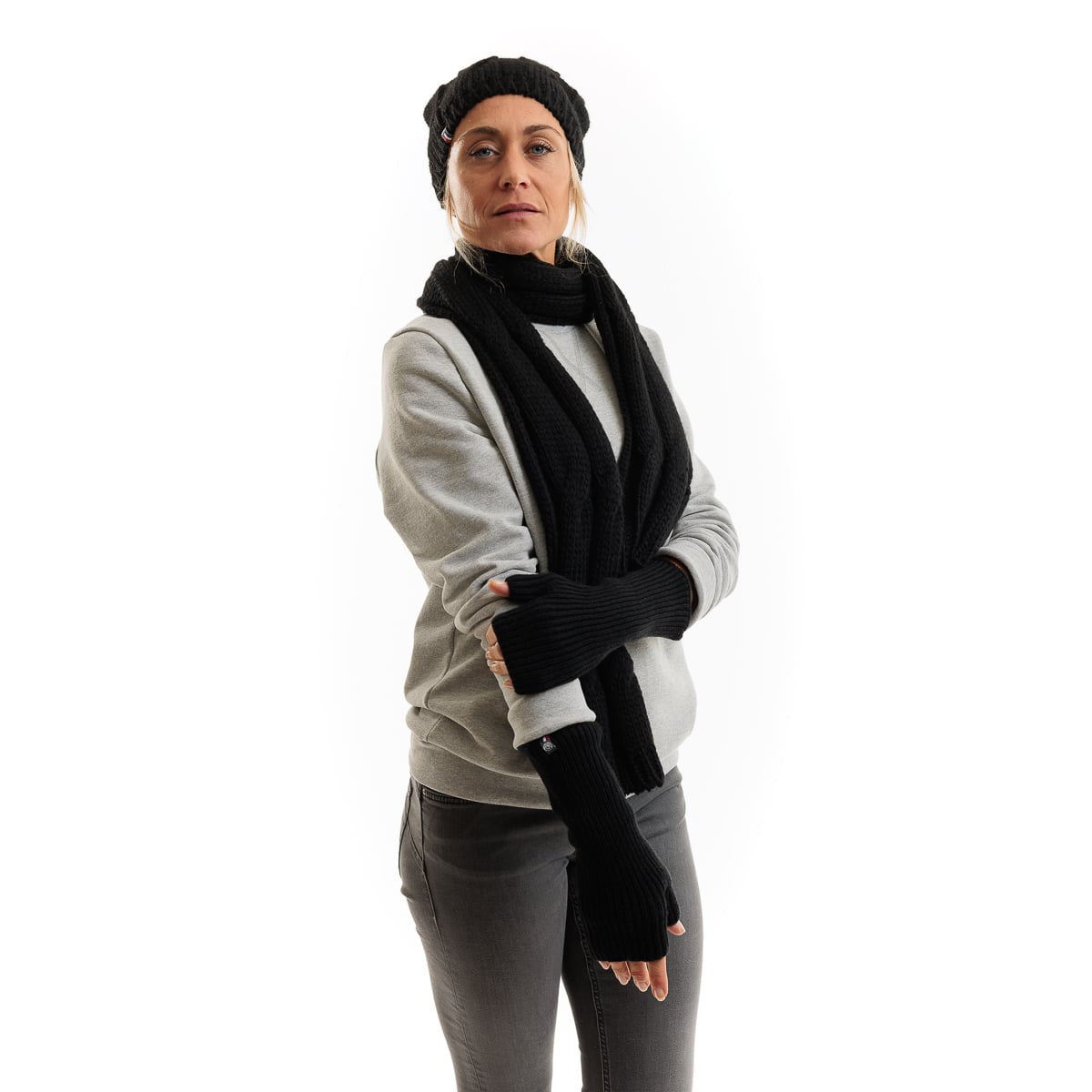 Mitaines femme en laine mérinos gris et noires