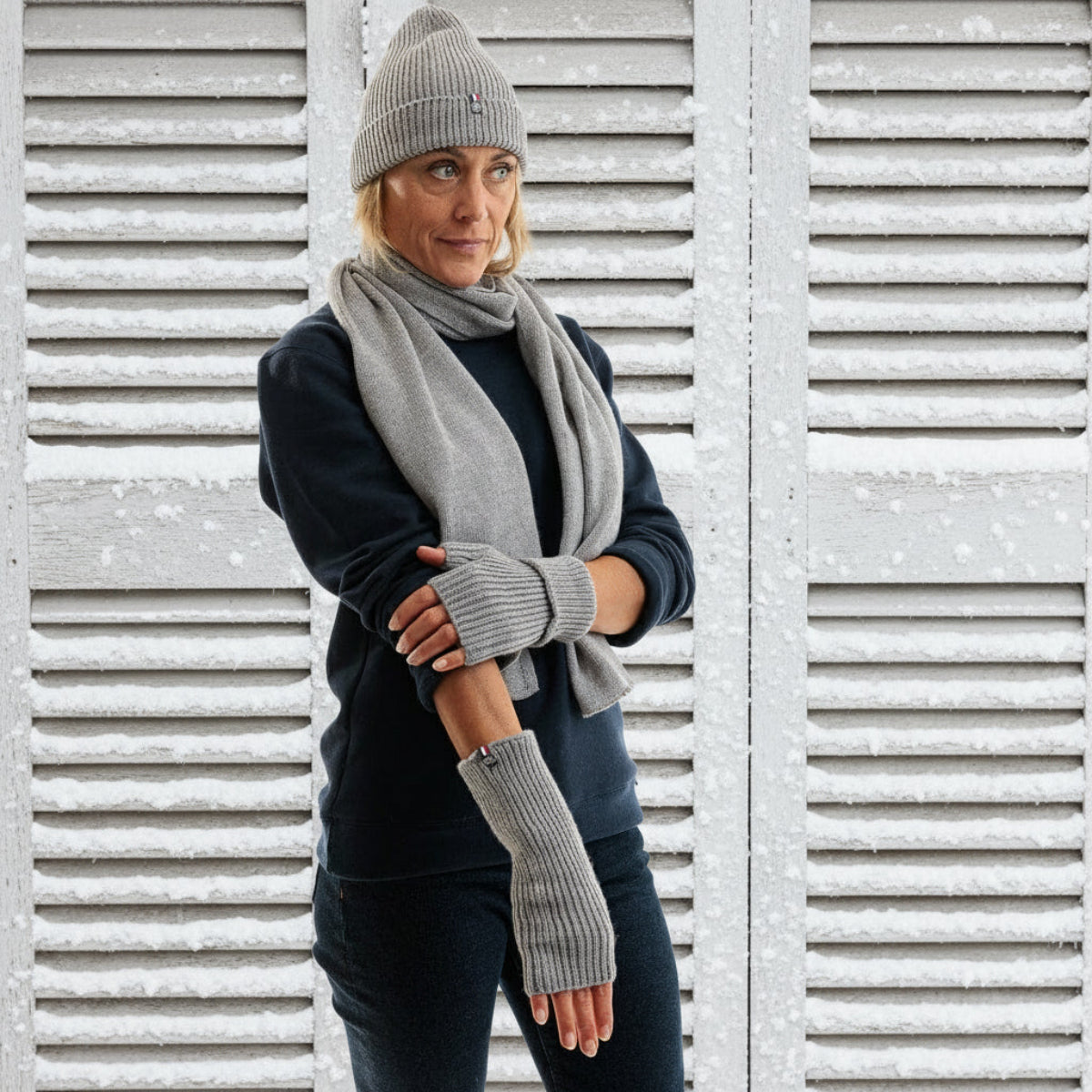 Mitaines femme en laine mérinos gris et noires