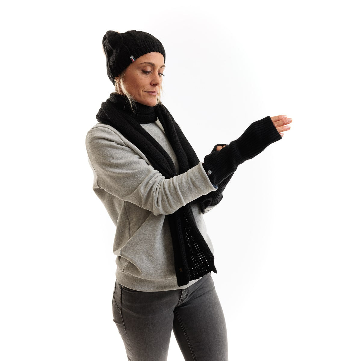 Mitaines femme en laine mérinos gris et noires