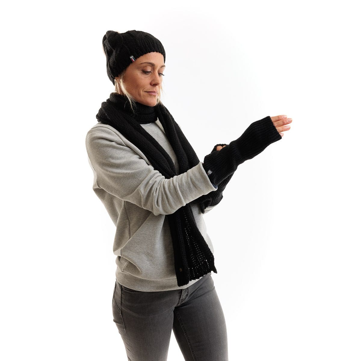 Mitaines femme en laine mérinos gris et noires
