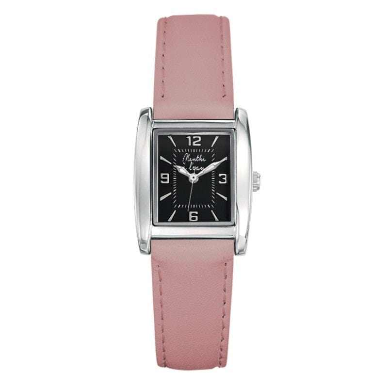 Montre La Rectangle bracelet cuir Rose Pastel fond noir