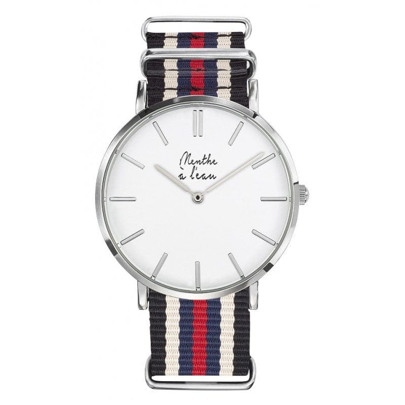 Montre pour homme chromée bracelet bleu et rouge