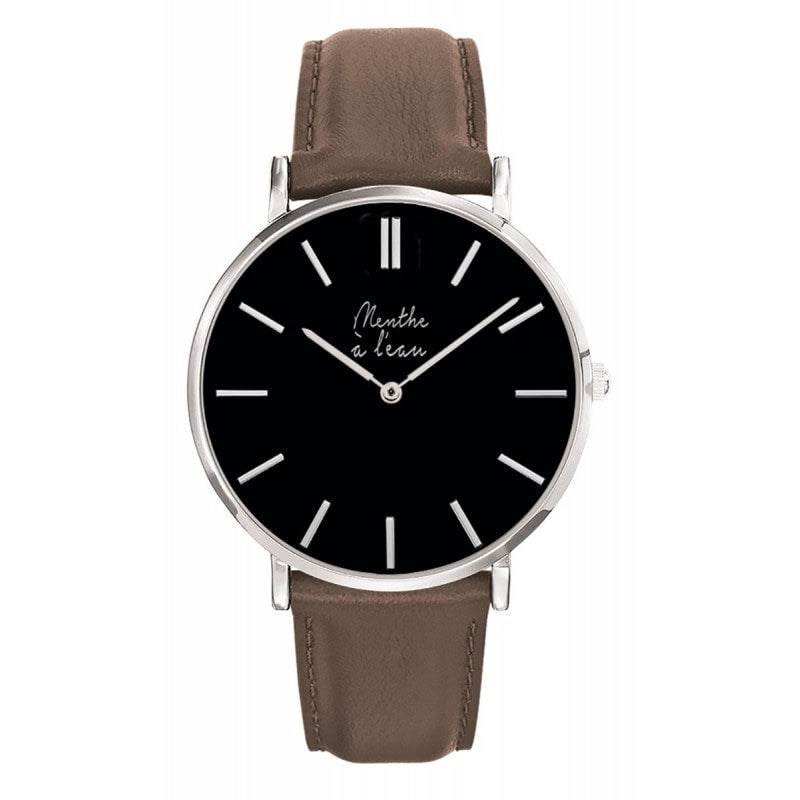 Montre homme noire en cuir marron