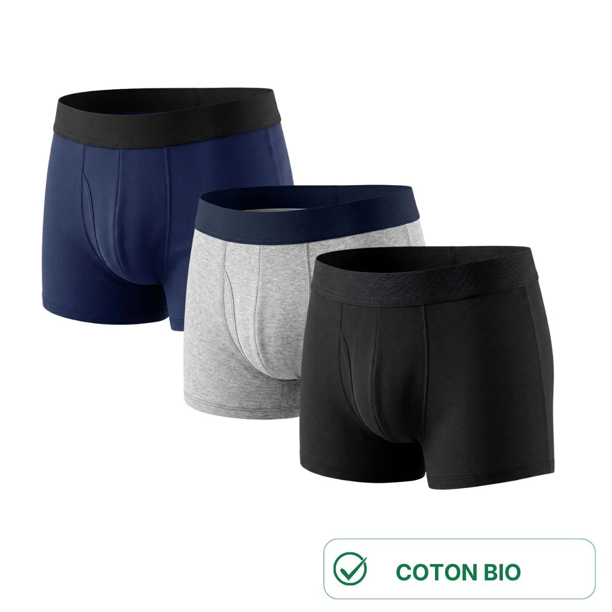 pack de 3 BOXERS HOMME MADE IN FRANCE COULEUR NOIR GRIS ET BLEU MARINE EN COTON BIOLOGIQUE