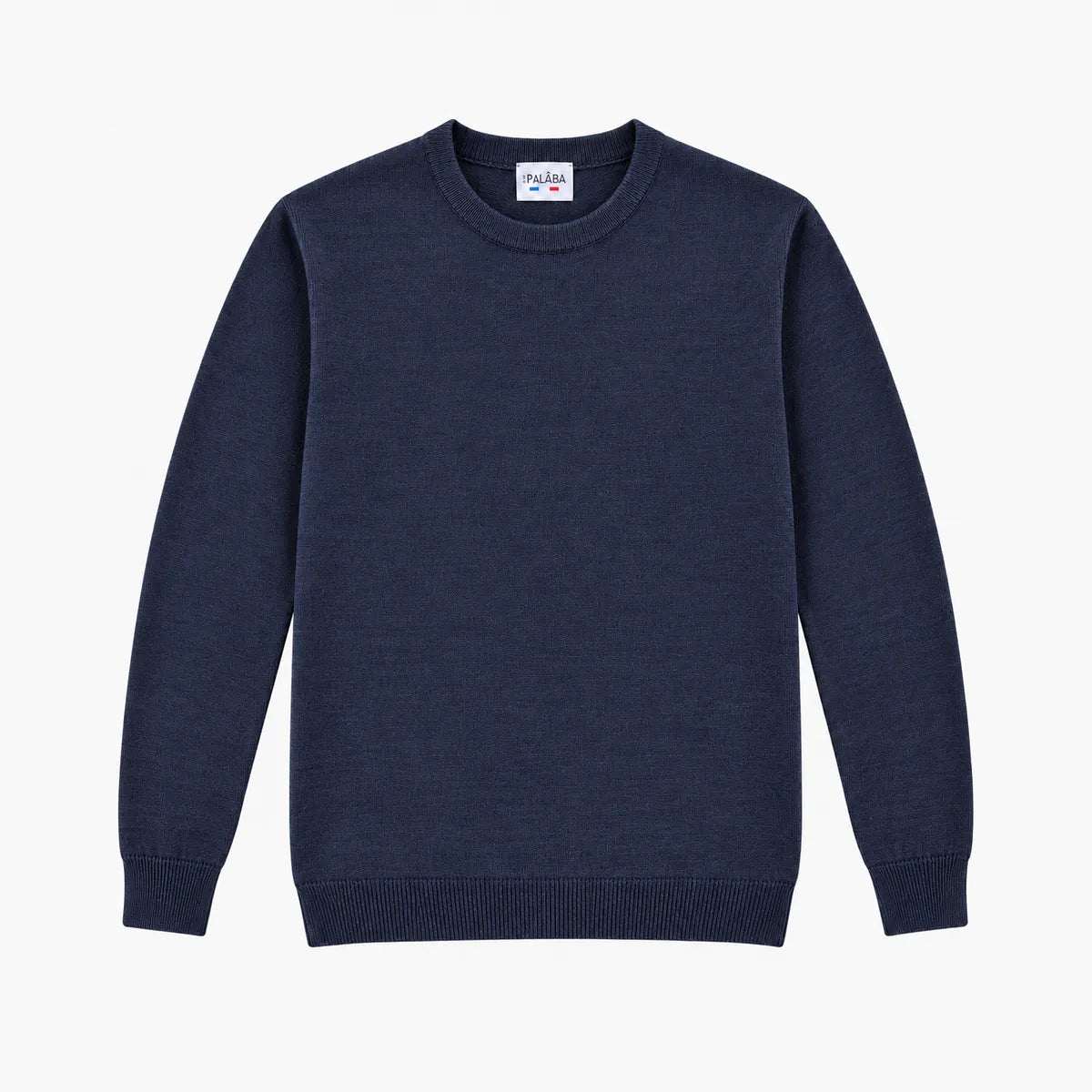 Pull bleu marine homme en laine mérinos à plat, vue de face