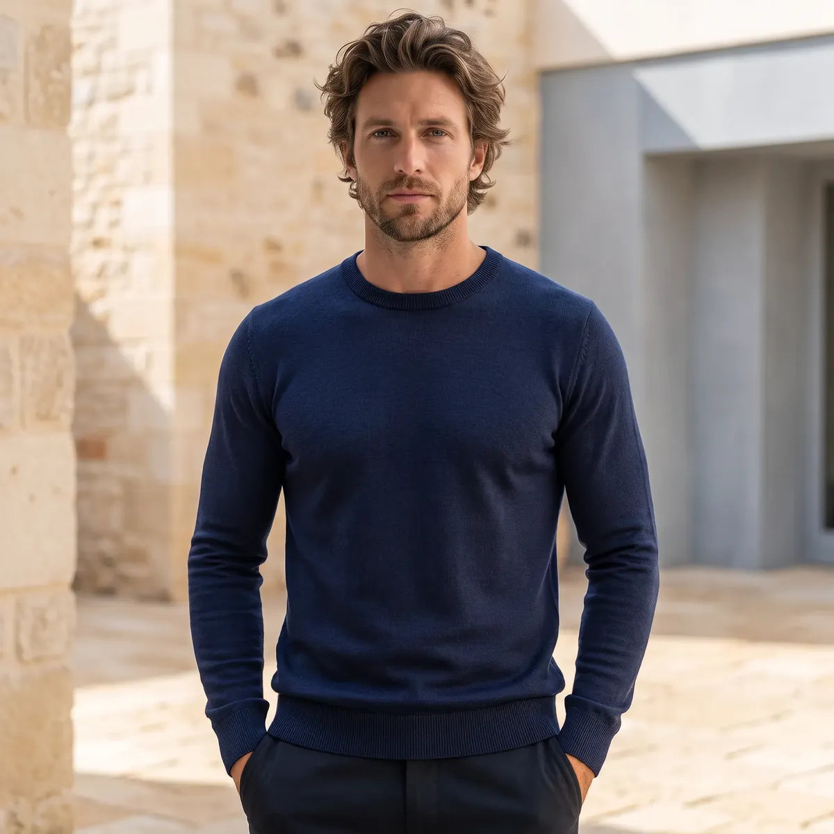 Homme portant le pull bleu marine en laine mérinos à col rond, avec un pantalon foncé